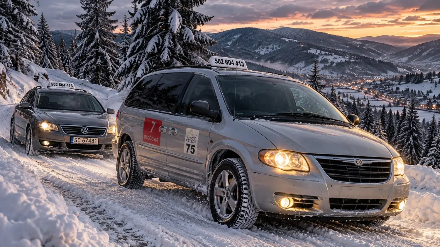 Chrysler 7-osobowy na ośnieżonej górskiej drodze